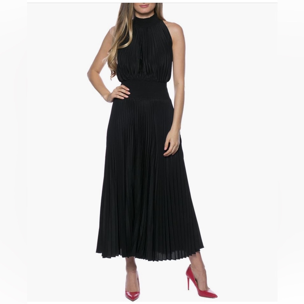 MARINA Black Pleated Midi Dress